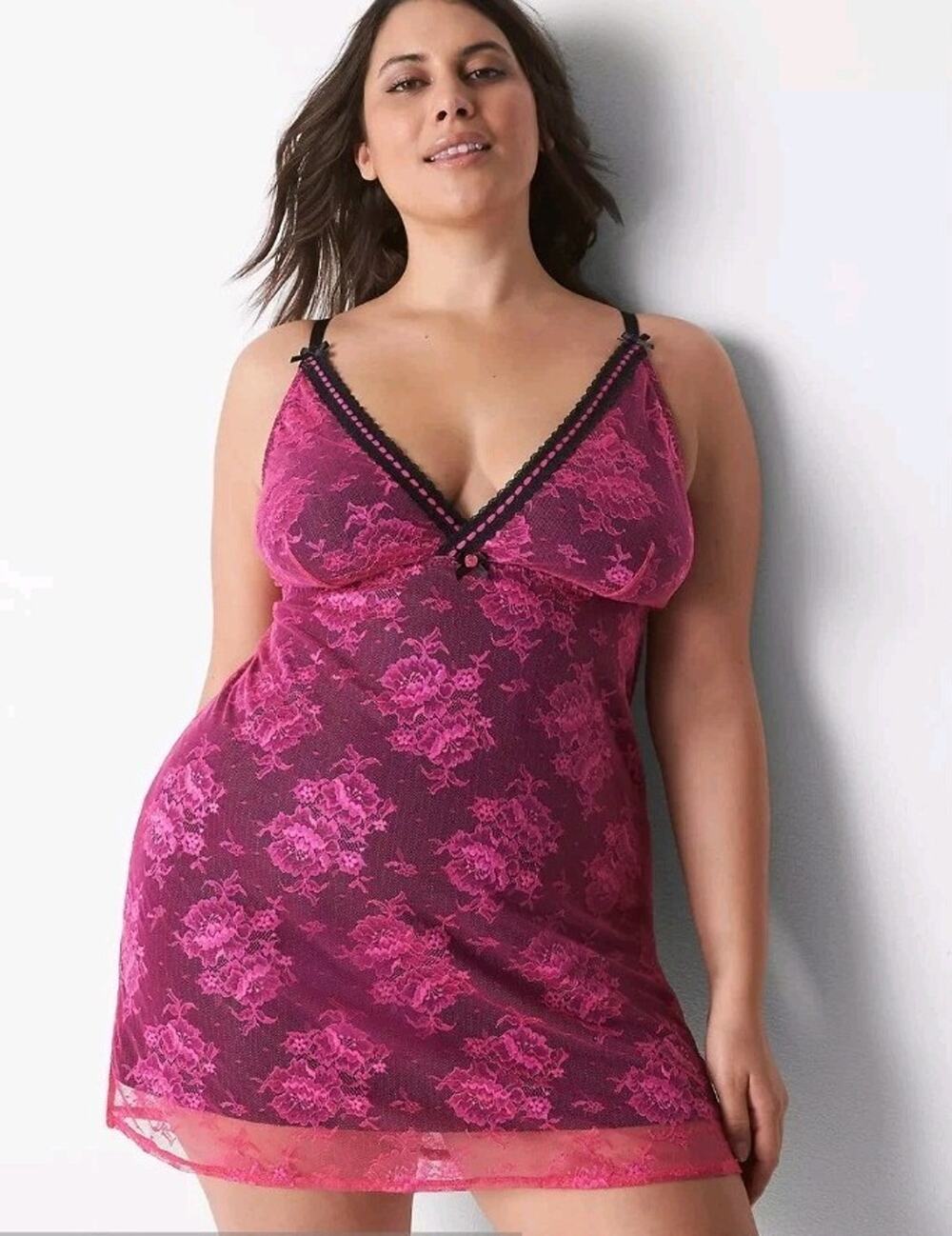 Lace Babydoll Chemise Fuschia Pink 18/20 Lined Sheer Overlay Romantic Coquette